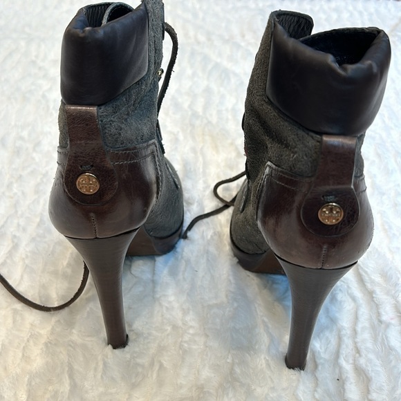 Tory Burch Lawson Bootie Pewter Brown Leather Platform Stiletto Ankle Boots 7 M - Picture 8 of 12
